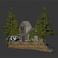Cartoon Scene with Cozy House Green Pine Trees and White Car on Grass