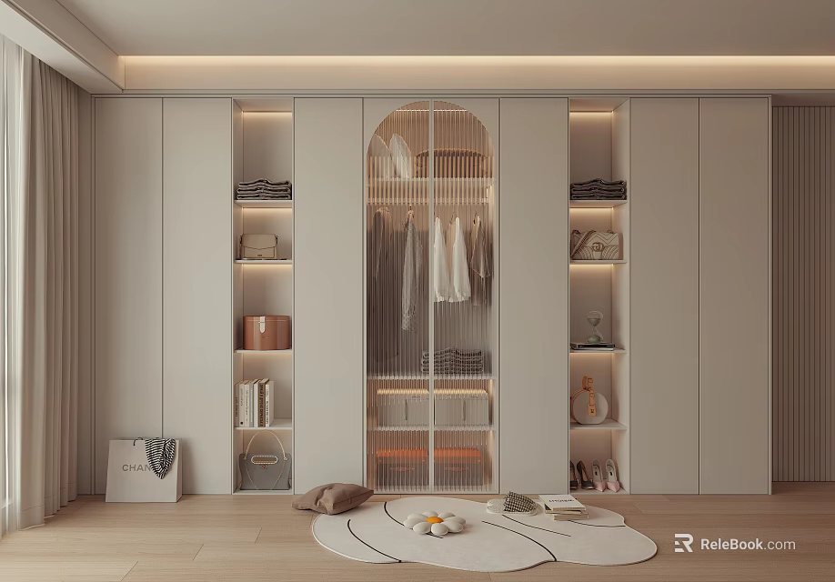 Modern Wardrobe Interior Design With Hanging Space Open Shelves And Ambient Lighting 3d model 