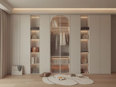 Modern Wardrobe Interior Design With Hanging Space Open Shelves And Ambient Lighting 3d model