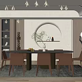 Elegant Modern Restaurant Interior With Rectangular Dining Table Brown Chairs And Circular Wall Decor 3d model