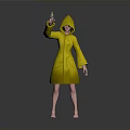 Woman in Yellow Hooded Coat Holding Phone Against Gray Background With Reflective Floor