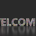 3D WELCOME Letters Composed Of Colorful Balls On Dark Reflective Floor