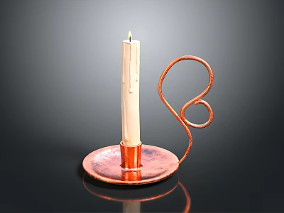 Decorative Copper Candlestick Holder With Curved Design And Lit White Candle 3d model