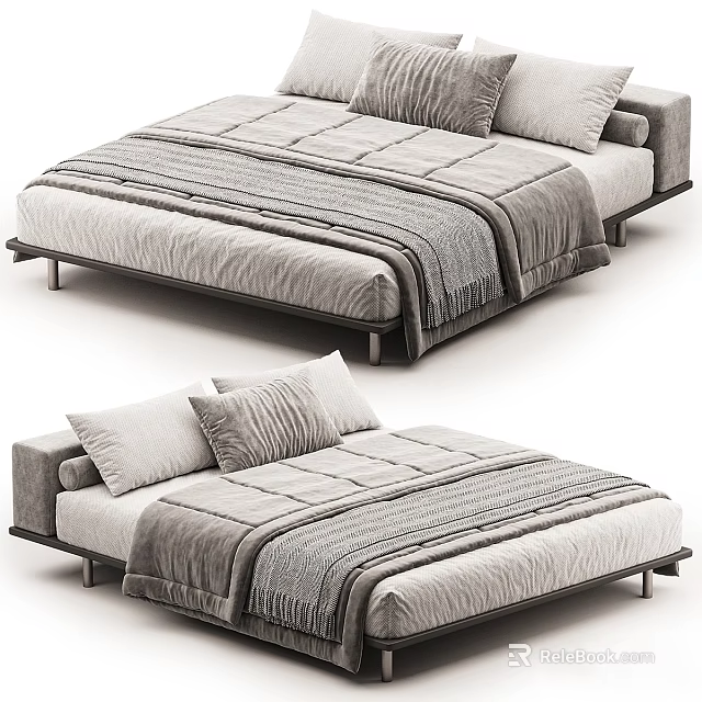 Modern Bedroom Bed With Gray Bedding Soft Mattress Pillows And Cozy Blanket 3d model 