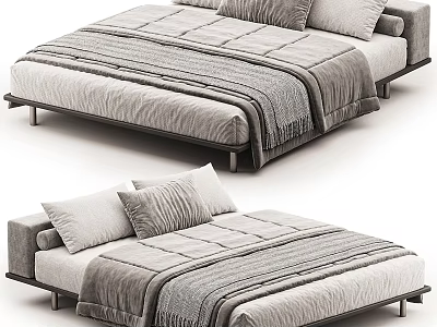 Modern Bedroom Bed With Gray Bedding Soft Mattress Pillows And Cozy Blanket 3d model