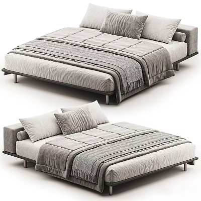 Modern Bedroom Bed With Gray Bedding Soft Mattress Pillows And Cozy Blanket 3d model