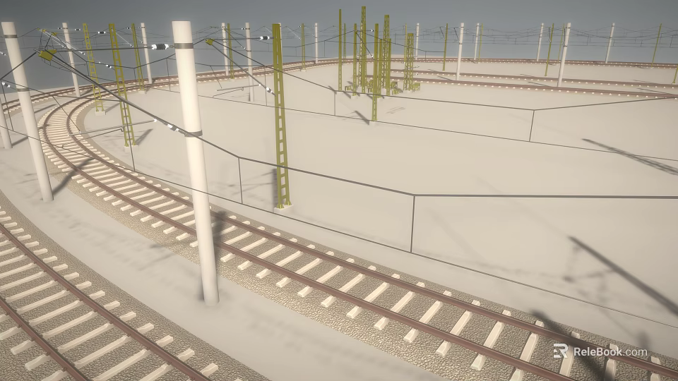 Outdoor Industrial Equipment Featuring Railway Tracks Electric Poles Power Lines and Fencing 3d model 