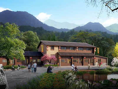 Traditional Homestay Building With Mountain View Green Trees And Courtyard Pond Area 3d model