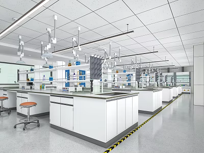 Modern Laboratory Interior With White Lab Benches Hanging Lights Orange Stools And Equipment 3d model