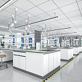 Modern Laboratory Interior With White Lab Benches Hanging Lights Orange Stools And Equipment