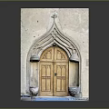 Gothic Style Entrance Door With Arched Design Wooden Panels Stone Wall And Carved Details