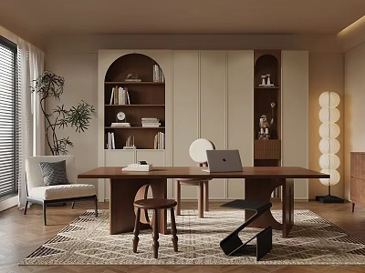 Modern Home Office Interior With Wooden Desk Laptop Bookshelves Cozy Chair Window Blinds And Plant 3d model