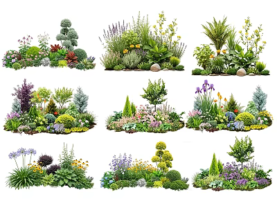 Diverse Garden Plants With Colorful Flowers Shrubs Herbs And Decorative Stones 3d model