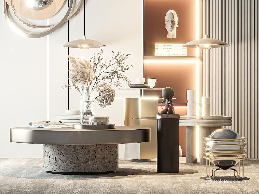 Elegant Modern Round Coffee Table With Concrete Base And Dried Flowers Vase In Stylish Living Room 3d model 