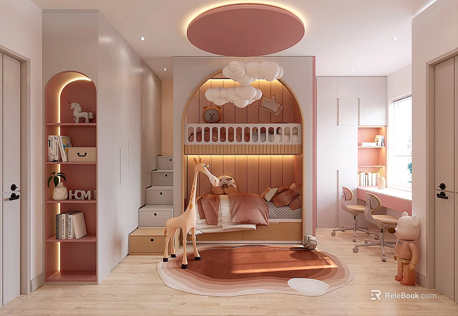 Kid's Room With Pink Circular Ceiling Light Cloud Decor Bunk Bed Stairs Giraffe Toy Rug 3d model 