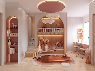 Kid's Room With Pink Circular Ceiling Light Cloud Decor Bunk Bed Stairs Giraffe Toy Rug 3d model