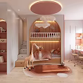 Kid's Room With Pink Circular Ceiling Light Cloud Decor Bunk Bed Stairs Giraffe Toy Rug