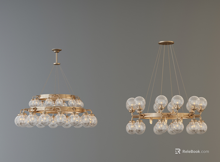 Elegant Modern Gold Frame Chandeliers With Transparent Glass Balls And Illuminated Bulbs For Home Decor 3d model 
