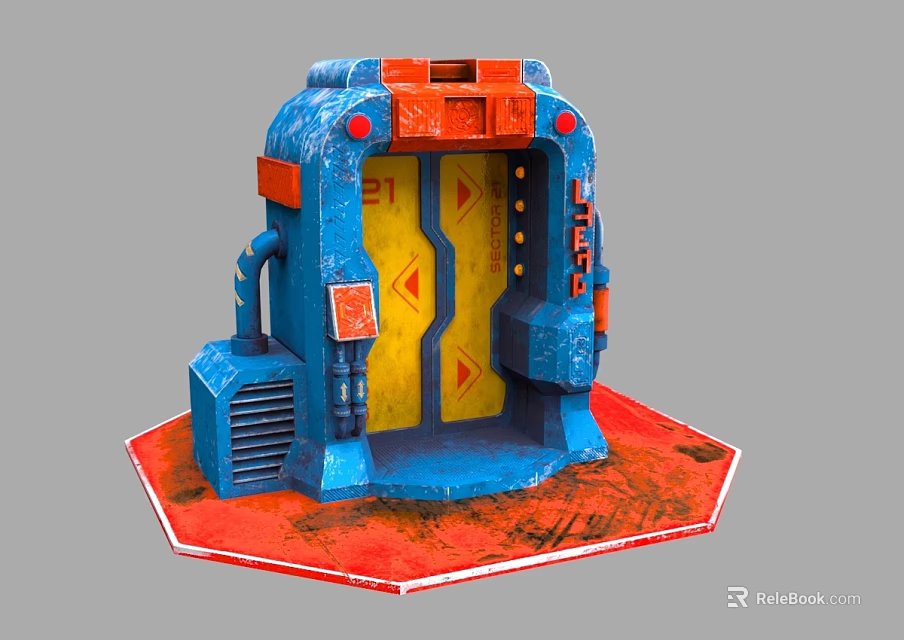 Mechanical Sci Fi Door With Blue Yellow Exterior Red Accents Control Panels And Industrial Base 3d model 