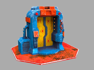 Mechanical Sci Fi Door With Blue Yellow Exterior Red Accents Control Panels And Industrial Base 3d model