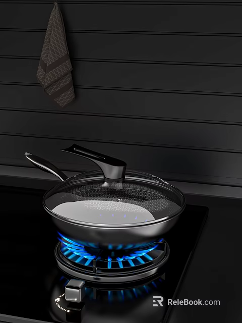 Modern Non Stick Frying Pan With Transparent Lid On Gas Stove Blue Flame 3d model 
