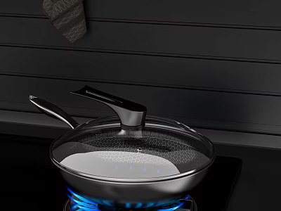 Modern Non Stick Frying Pan With Transparent Lid On Gas Stove Blue Flame 3d model