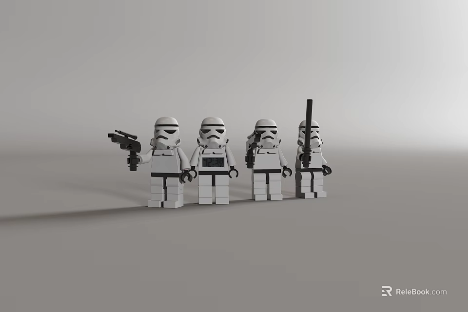 Four Lego Stormtrooper Action Dolls Standing in a Row Holding Weapons 3d model 