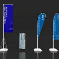 Blue Promotional Flags And Display Stands With White Base And Logos 3d model