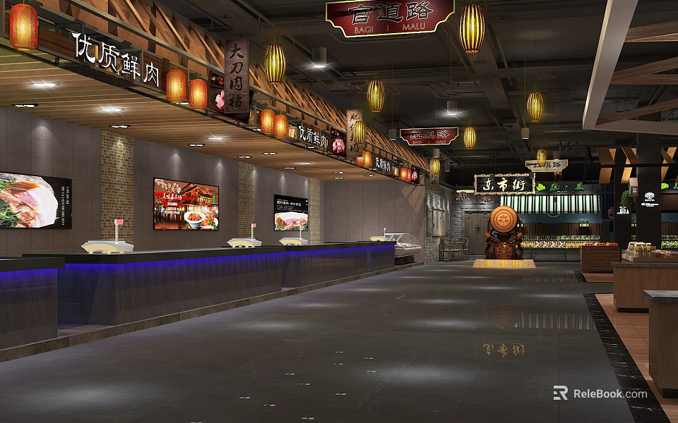 Supermarket Quality Fresh Meat Shopping Zone with Chinese Style Signs Lightbox Ads Counter Display and Spacious Aisle 3d model 