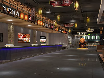Supermarket Quality Fresh Meat Shopping Zone with Chinese Style Signs Lightbox Ads Counter Display and Spacious Aisle 3d model