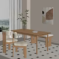 Wooden Dining Table With Chairs Bench Vase Plant Window Curtains Wall Art Checkered Rug