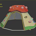 Mushroom Shaped Playhouse With Red Roof White Spots Brown Body Transparent Door Green Grass Base