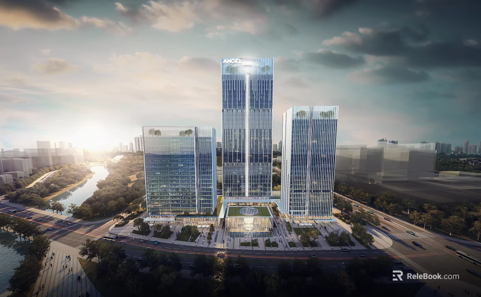 Modern High Rise Office Buildings With Glass Curtain Walls Surrounding Greenery Roads And River 3d model 