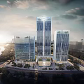 Modern High Rise Office Buildings With Glass Curtain Walls Surrounding Greenery Roads And River