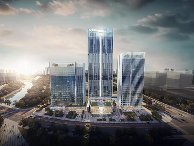 Modern High Rise Office Buildings With Glass Curtain Walls Surrounding Greenery Roads And River 3d model