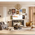Cozy Modern Living Room With Sofa Fireplace Framed Wall Art Chandelier And Armchair