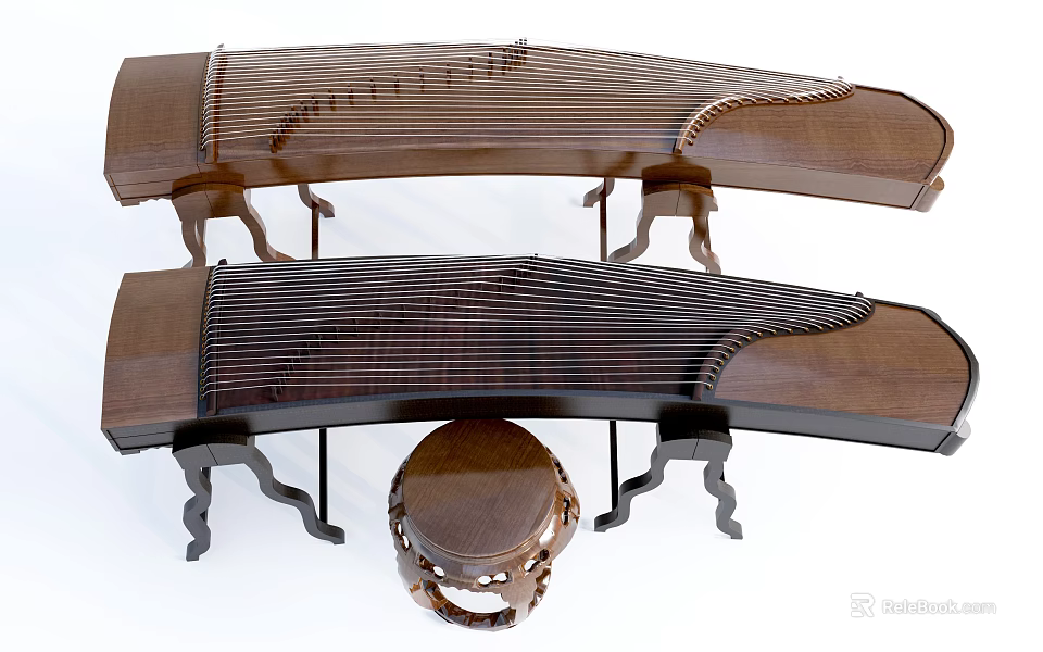 Two Traditional Chinese Zither Instruments With Wooden Frames And Matching Carved Stool 3d model 