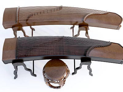 Two Traditional Chinese Zither Instruments With Wooden Frames And Matching Carved Stool 3d model