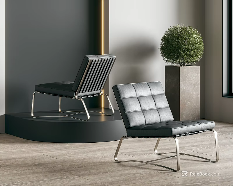 Modern Leather Leisure Chairs With Metal Frame In Gray Room With Green Plant And Wooden Floor 3d model 