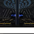 Stylish Bar Interior With Monochrome Geometric Lines Hanging Blue Lights Large Screen And Tables