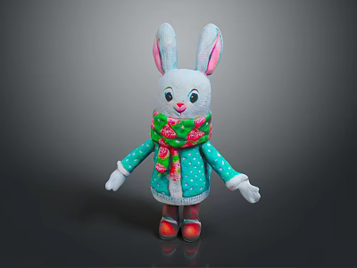 Gray Rabbit Doll With Big Ears Green Red Scarf Blue Polka Dot Sweater Red Shoes 3d model