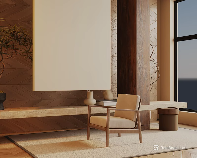 Wooden Frame Beige Cushion Leisure Chair In Modern Room With Wooden Wall And Window View 3d model 