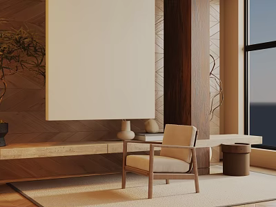 Wooden Frame Beige Cushion Leisure Chair In Modern Room With Wooden Wall And Window View 3d model