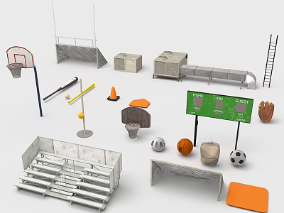 Modern Electronic Sports Scoreboard With Stadium Facilities And Sports Equipment Including Balls And Benches 3d model