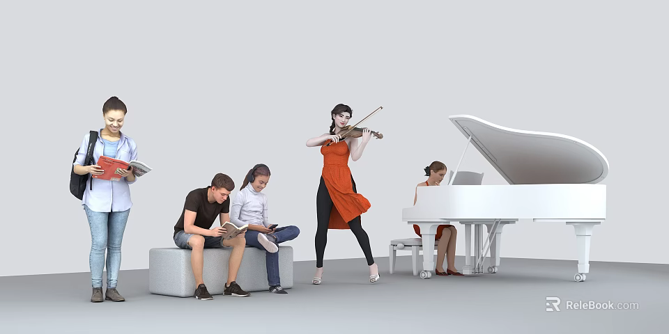 Group of People Engaged in Various Activities Reading Books Playing Violin and Piano 3d model 