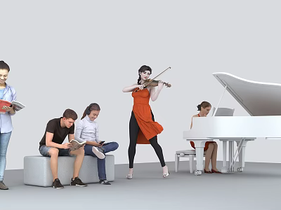 Group of People Engaged in Various Activities Reading Books Playing Violin and Piano 3d model