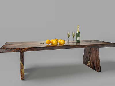 Simple Design Natural Wooden Dining Table With Oranges Champagne Bottle And Wine Glasses 3d model
