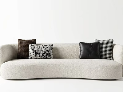 Modern Beige Curved Three Seater Sofa With Patterned Leather And Checkered Pillows 3d model