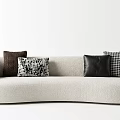 Modern Beige Curved Three Seater Sofa With Patterned Leather And Checkered Pillows