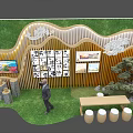 Exhibition Hall Cultural Wall Featuring Wooden Wave Structure And Rural Culture Displays With Green Background